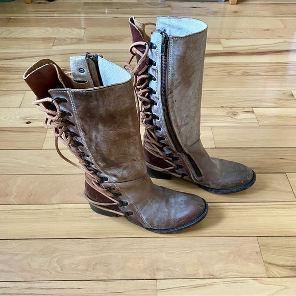 Freebird Reese Brown and Cream Leather Tall Lace Back Knee Height Boots - Picture 6 of 10
